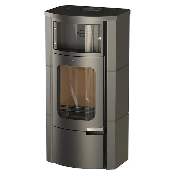 Kaminofen Prestige - 7 kW, Raumheizvermögen: 200 m³, Material Verkleidung: Stahl - Eleganter dunkelgrauer Kaminofen mit zwei Glastüren und obenliegendem Rauchrohranschluss.