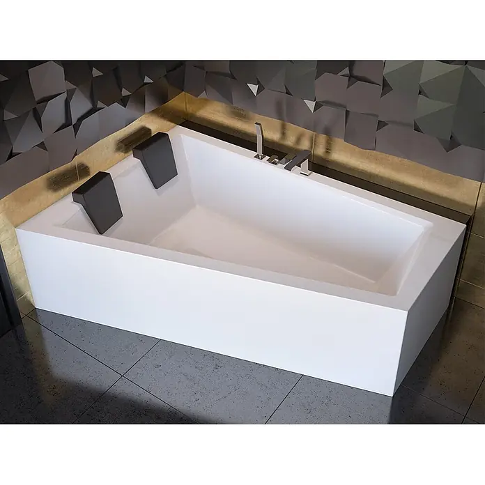 Bad Land Eckbadewanne - L x B: 170 x 125 cm, Sanitäracryl, Weiß - Weiße rechteckige Badewanne mit schwarzen Kopfstützen und Chromarmatur, in modernem Badambiente.