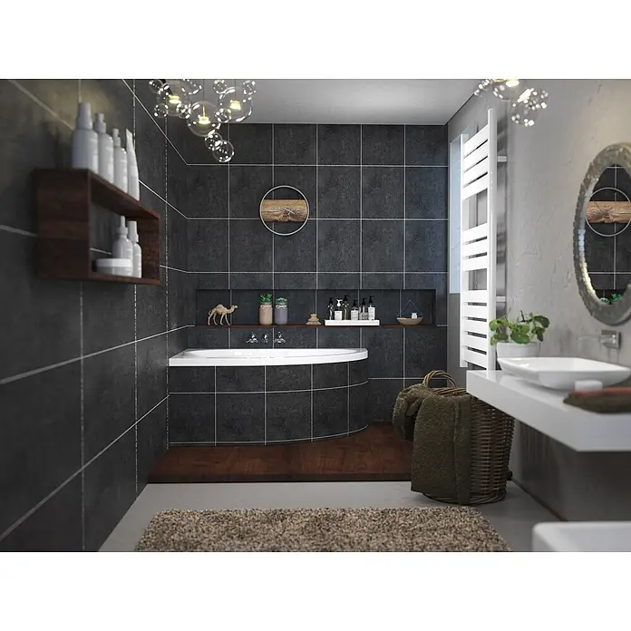 Bad Land Eckbadewanne - L x B: 130 x 85 cm, Sanitäracryl, Weiß - Modernes Badezimmer mit dunklen Fliesen, weißer Badewanne, Holzboden und modernem Waschtisch.