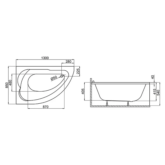 Bad Land Eckbadewanne STANDARD Acryl-Eckwanne 130 x 85 cm links Weiß, inkl. Acrylschürze - Sanitäracryl, Weiß - Technische Zeichnung einer asymmetrischen Badewanne mit Draufsicht und Seitenansicht samt Maßen.