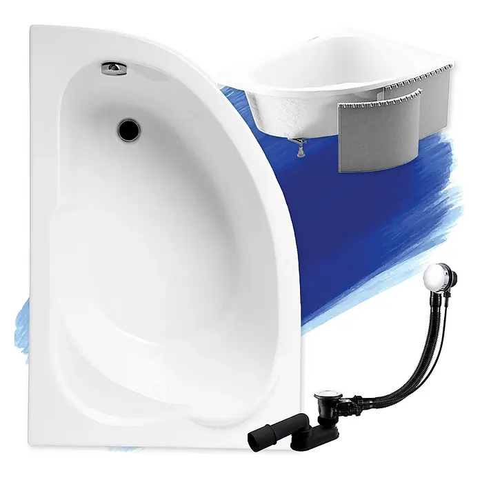 Bad Land Eckbadewanne - L x B: 130 x 85 cm, Sanitäracryl, Weiß - Weiße asymmetrische Eckbadewanne mit Chromüberlauf und flexibler schwarzer Ablaufgarnitur.