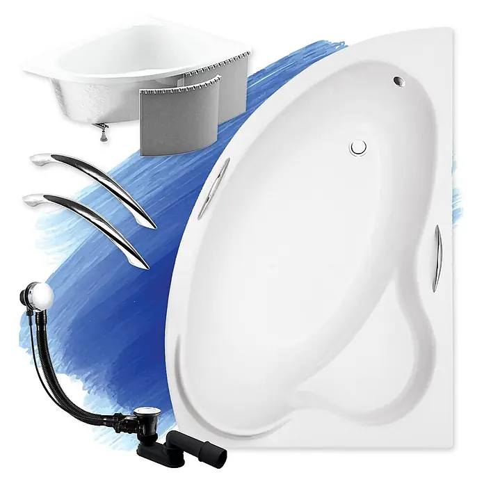 Bad Land Eckbadewanne - L x B: 140 x 90 cm, Sanitäracryl, Weiß - Weiße Eckbadewanne mit Chromgriffen, Abflussgarnitur und Montagezubehör.