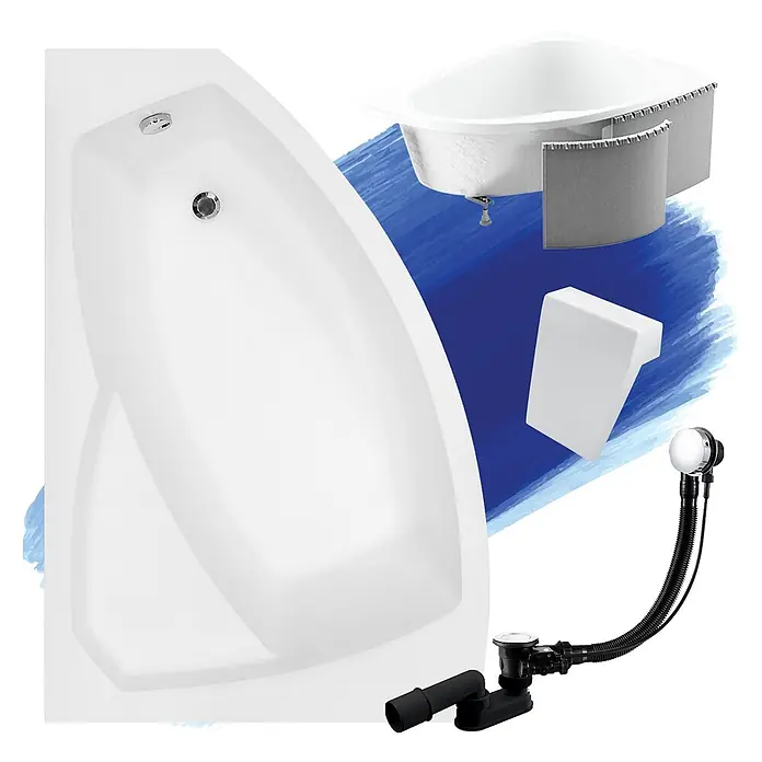 Bad Land Eckbadewanne - L x B: 130 x 85 cm, Sanitäracryl, Weiß - Weiße Badewanne mit integriertem Abfluss, Überlauf, schwarzer Armatur und grauen Seitenverkleidungen.