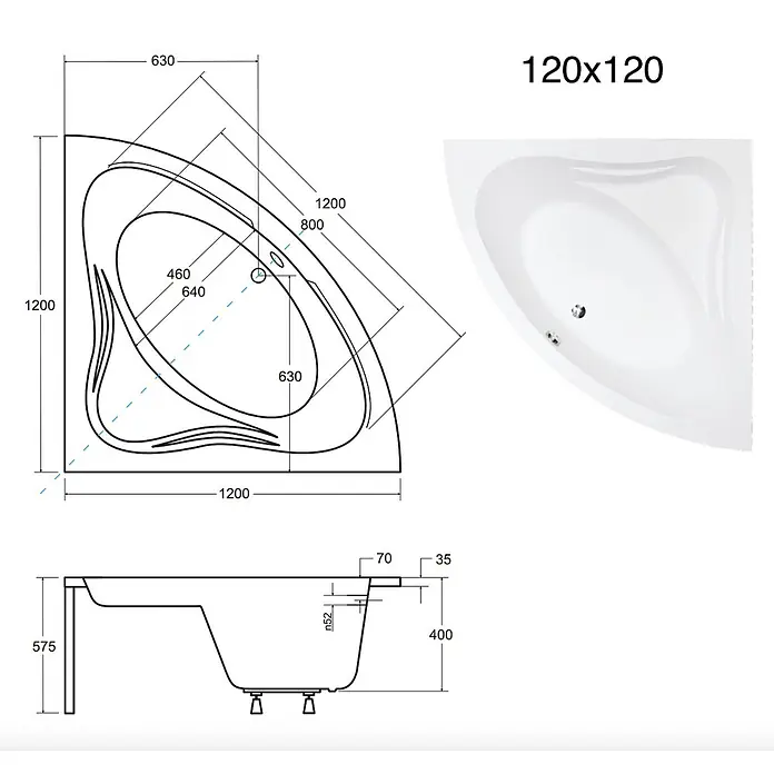 Bad Land Eckbadewanne MIA Acryl-Eckwanne 120 x 120 cm Weiß - Sanitäracryl, Weiß - Weiße Eckbadewanne, 120x120 cm, mit technischer Zeichnung.