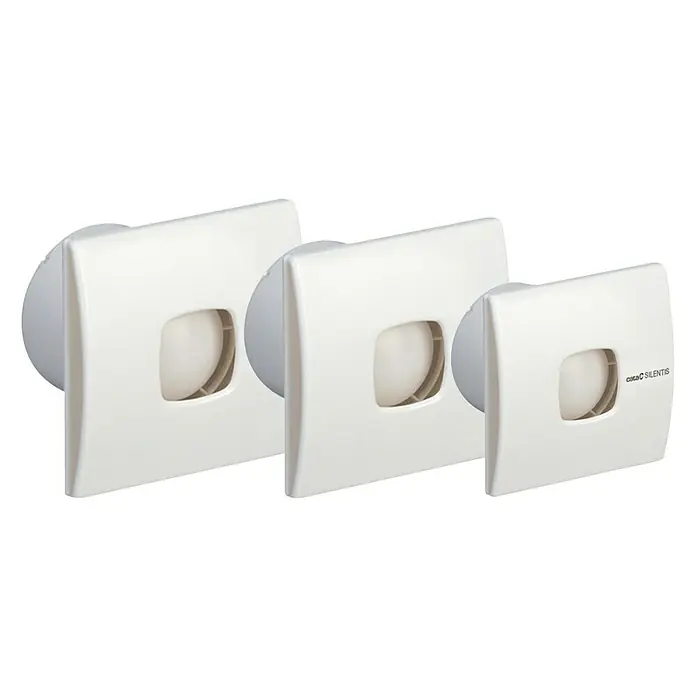 Cata Ventilador de pared Silentis LN 10 - Blanco, 10 cm - Tres extractores de aire blancos Cata Silentis de diferentes tamaños dispuestos uno al lado del otro.