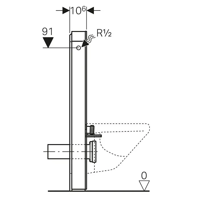 Geberit Sanitärmodul für Wand-WC Monolith - 131.022.SL.5 - 2-Mengen-Spülung, 10,6 x 48,2 x 101 cm, Mint - Technische Zeichnung einer Sanitärinstallation mit Maßen. Detailansicht einer Vorwandinstallation mit WC-Anschluss und Bemaßung.