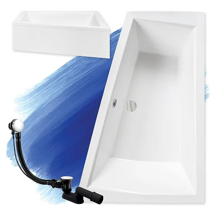 Bad Land Eckbadewanne - L x B: 170 x 125 cm, Sanitäracryl, Weiß - Weiße Badewanne und Verkleidung mit schwarzem/chromfarbenem Abfluss- und Überlaufset.