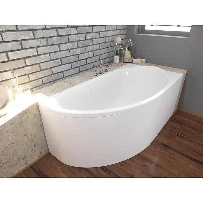 Bad Land Eckbadewanne MIKI Acryl-Eckwanne 140 x 70 cm rechts Weiß, inkl. Acrylschürze - Sanitäracryl, Weiß - Elegante weiße Badewanne mit geschwungener Front, in eine Badezimmertheke vor einer Ziegelwand integriert.
