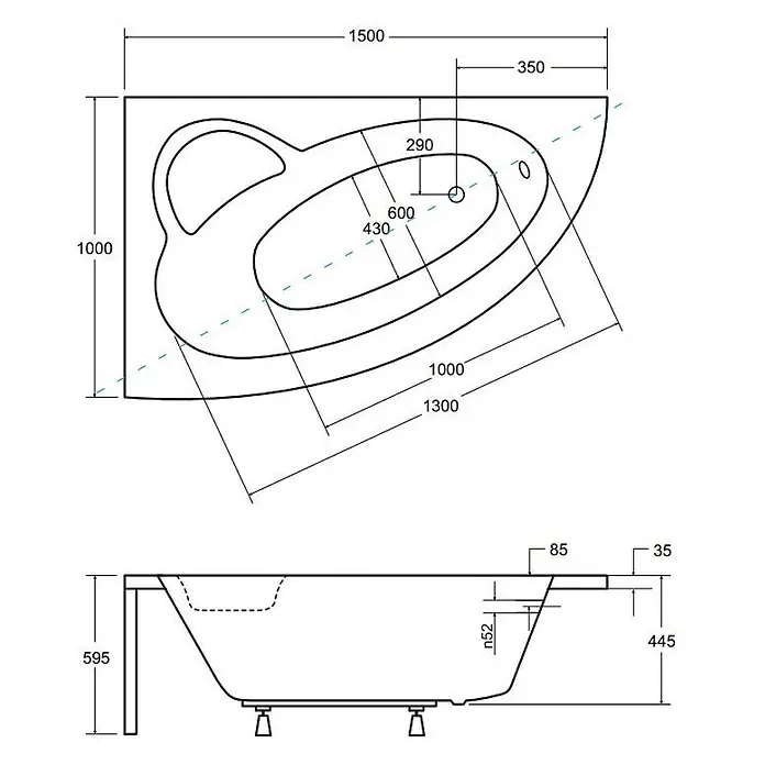 Bad Land Eckbadewanne NATALIA PREMIUM Acryl-Eckwanne 150 x 100 cm links Weiß - L x B: 150 x 100 cm, Sanitäracryl, Weiß - Technische Zeichnung einer asymmetrischen Eckbadewanne mit detaillierten Maßen von oben und von der Seite.