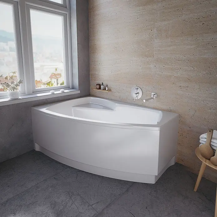 Bad Land Eckbadewanne FRIDA Acryl-Eckwanne 140 x 90 cm links Weiß - Sanitäracryl, Weiß - Eine weiße, geschwungene Badewanne in modernem Design in einem hellen Badezimmer.