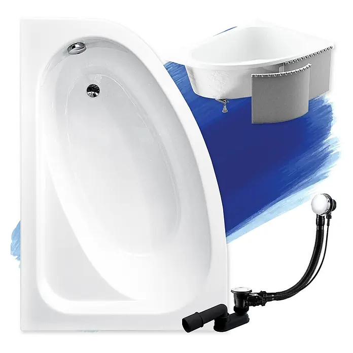 Bad Land Eckbadewanne - L x B: 140 x 80 cm, Sanitäracryl, Weiß - Weiße asymmetrische Badewanne mit Chrom-Überlauf und Abfluss, eine kleine Eckbadewanne und ein schwarzes Ab- und Überlaufset.