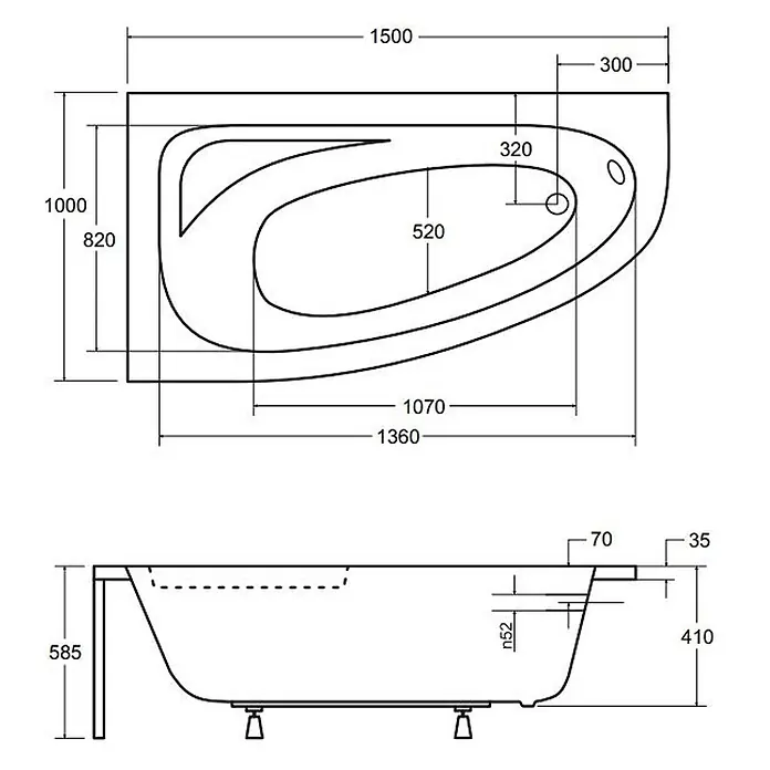 Bad Land Eckbadewanne CORNEA Acryl-Eckwanne 150 x 100 cm links Weiß - Sanitäracryl, Weiß - Technische Zeichnung einer asymmetrischen Eckbadewanne, mit Draufsicht und Seitenansicht samt detaillierten Maßen.