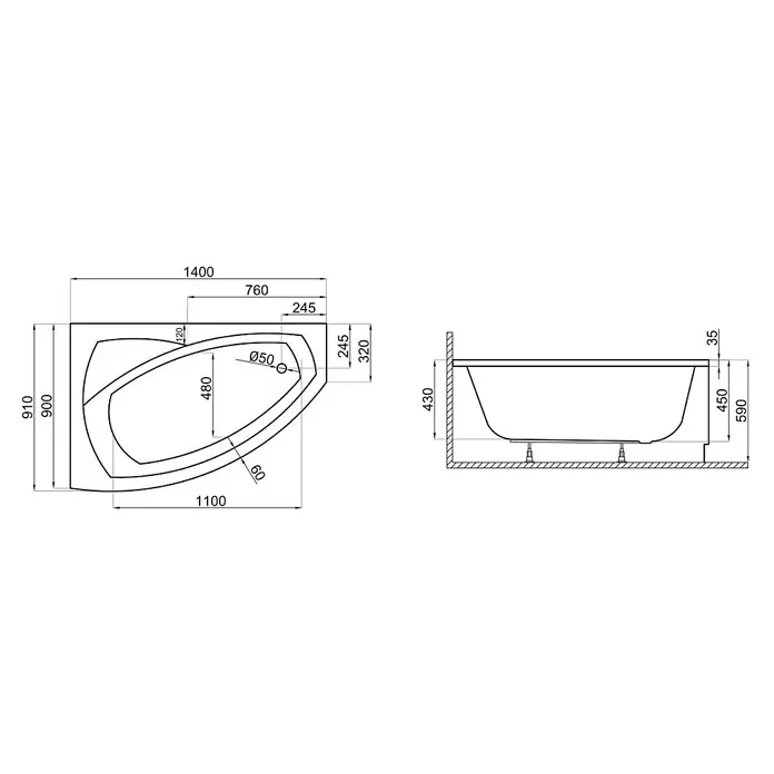 Bad Land Eckbadewanne FRIDA Acryl-Eckwanne 140 x 90 cm links Weiß - Sanitäracryl, Weiß - Technische Zeichnung einer asymmetrischen Eckbadewanne, mit Draufsicht, Seitenansicht und detaillierten Maßen.