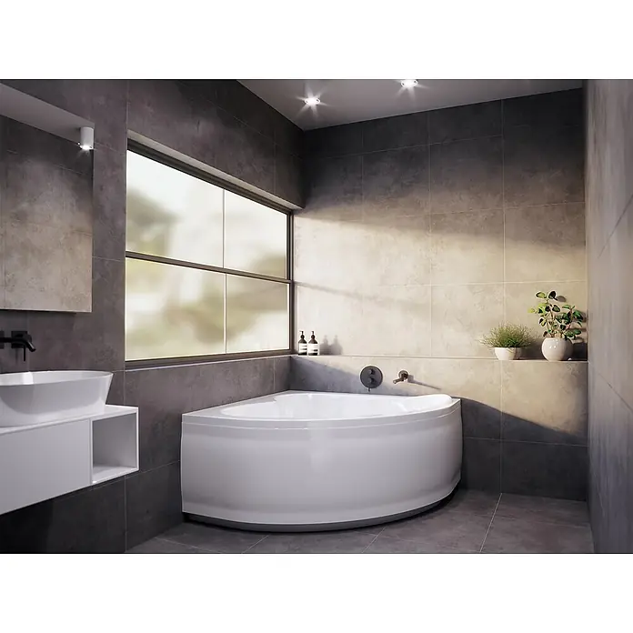 Bad Land Eckbadewanne - L x B: 130 x 130 cm, Sanitäracryl, Weiß - Weiße Eckbadewanne in einem modernen Badezimmer.