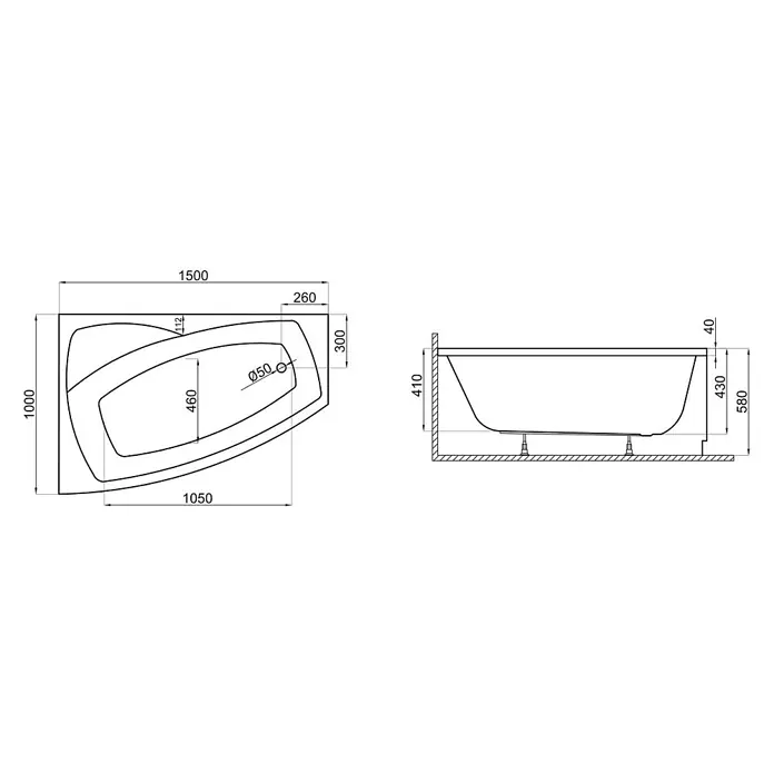 Bad Land Eckbadewanne FRIDA Acryl-Eckwanne 150 x 100 cm links Weiß, inkl. Acrylschürze - Sanitäracryl, Weiß - Technische Zeichnung einer asymmetrischen Badewanne mit Maßen, Draufsicht und Seitenansicht.