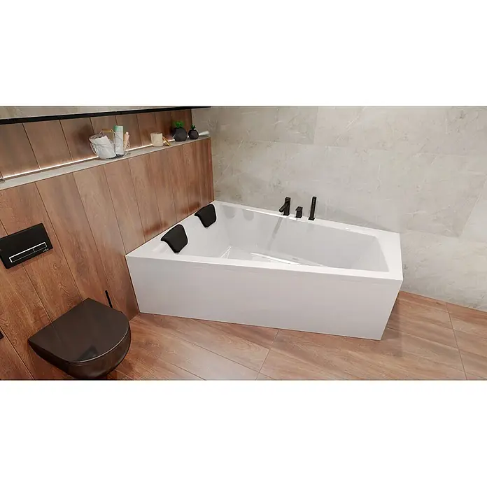 Bad Land Eckbadewanne - L x B: 160 x 90 cm, Sanitäracryl, Weiß - Weiße Acrylbadewanne mit schwarzen Armaturen und Kopfstützen in einem modernen Badezimmer.