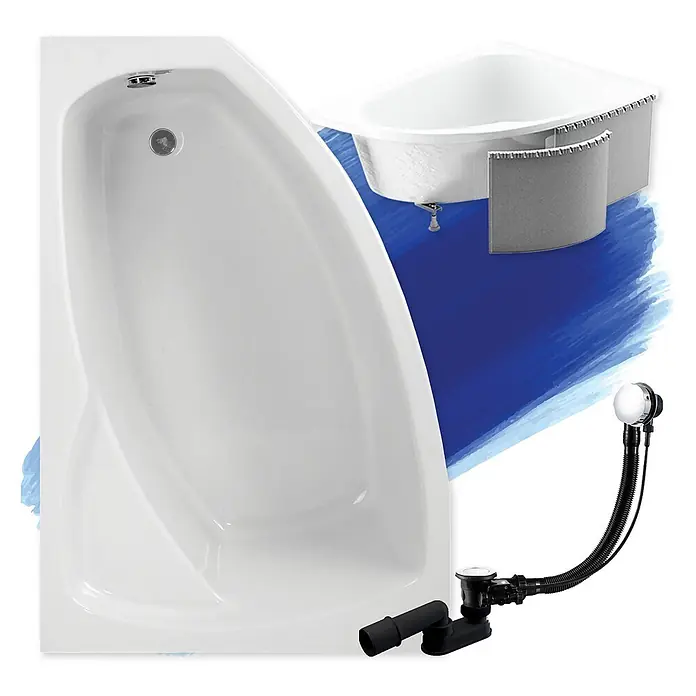 Bad Land Eckbadewanne - L x B: 140 x 90 cm, Sanitäracryl, Weiß - Weiße Eckbadewanne mit integriertem Abfluss, Überlauf und verstellbaren Füßen. Eine separate Ablassgarnitur ist ebenfalls abgebildet.