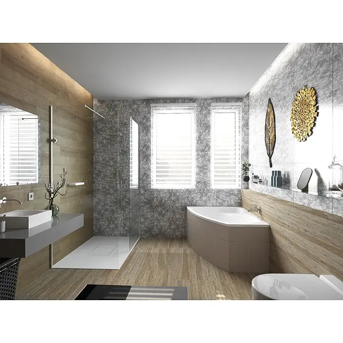 Bad Land Eckbadewanne - L x B: 140 x 90 cm, Sanitäracryl, Weiß - Modernes Badezimmer mit ebenerdiger Dusche, Eckbadewanne, Waschtisch, WC und Holz- sowie grau gefliesten Oberflächen.