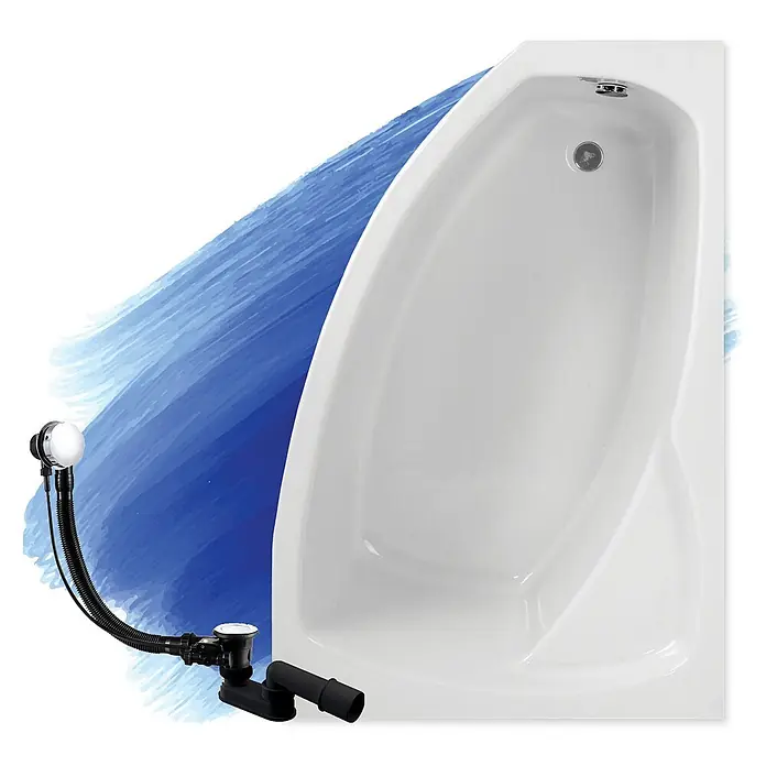Bad Land Eckbadewanne FRIDA Acryl-Eckwanne 160 x 105 cm rechts Weiß - L x B: 160 x 105 cm, Sanitäracryl, Weiß - Weiße asymmetrische Badewanne mit integriertem schwarzem Abfluss und Chrom-Überlaufsystem.