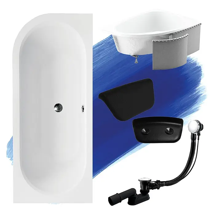 Bad Land Eckbadewanne - L x B: 180 x 80 cm, Sanitäracryl, Weiß - Auswahl an weißen Badewannen, schwarzen Kopfstützen und einem Ab-/Überlaufset.