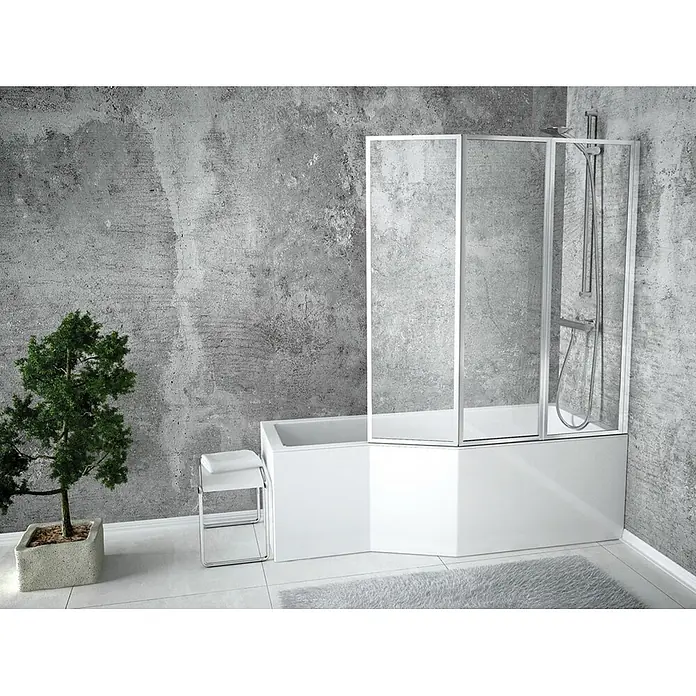 Bad Land Eckbadewanne INTEGRA Acrylwanne 170 x 75 cm rechts Weiß m. Styroporverkl., Wannenaufsatz - L x B: 170 x 75 cm, Sanitäracryl, Weiß - Weiße Eckbadewanne mit transparenter Duschwand und Duschkopf in modernem Badezimmer.