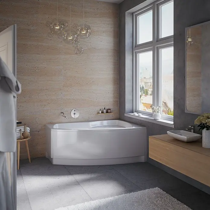 Bad Land Eckbadewanne FRIDA Acryl-Eckwanne 150 x 100 cm rechts Weiß, inkl. Acrylschürze - Sanitäracryl, Weiß - Weiße Eckbadewanne in einem modernen Badezimmer mit hellen Wänden und Fenster.