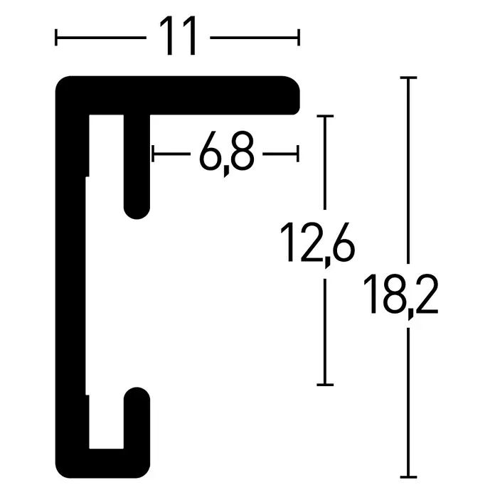 Accent Alurahmen Star - 13 x 18 cm, Schwarz - Abbildung eines Aluminiumprofils mit den Maßen 11 mm Breite, 6,8 mm und 12,6 mm Tiefe und einer Gesamthöhe von 18,2 mm.