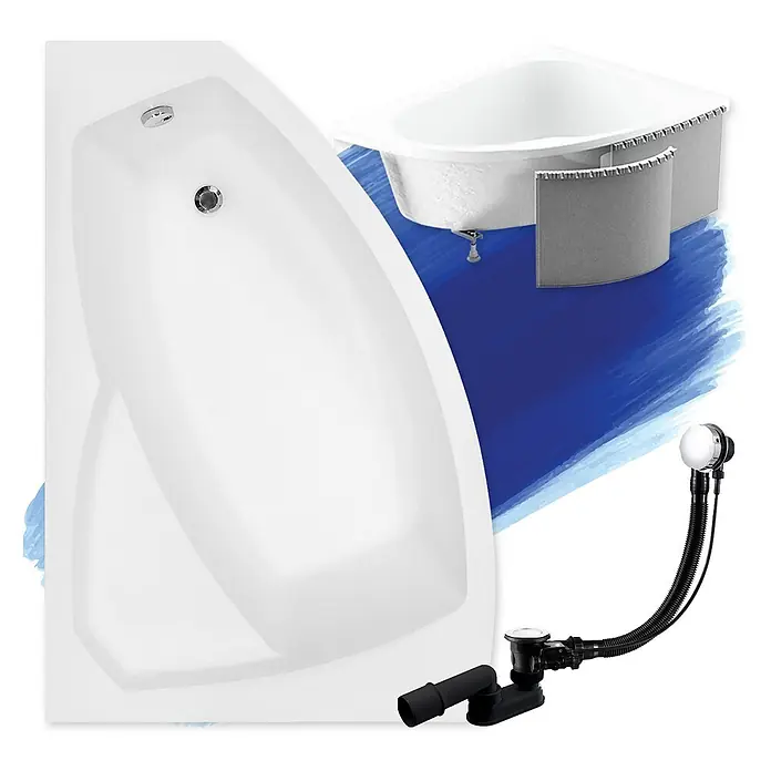 Bad Land Eckbadewanne - L x B: 170 x 110 cm, Sanitäracryl, Weiß - Zwei weiße Badewannen, eine Eckwanne, mit schwarzem Ablauf- und Überlaufset.