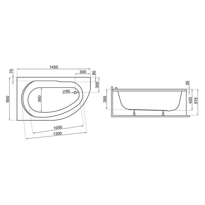 Bad Land Eckbadewanne MIKI Acryl-Eckwanne 145 x 85 cm links Weiß - Sanitäracryl, Weiß - Technische Zeichnung einer asymmetrischen Badewanne mit Draufsicht, Seitenansicht und Maßen.
