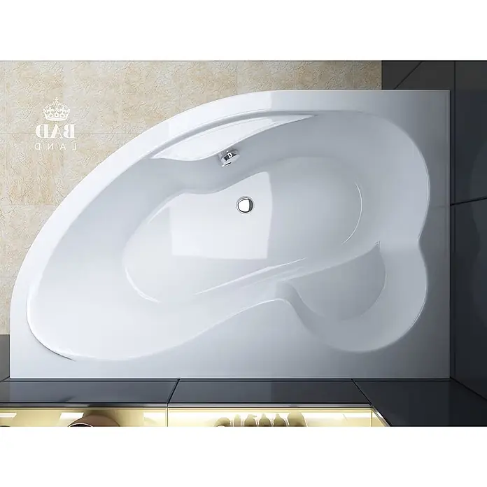Bad Land Eckbadewanne MEGA Acryl-Eckwanne 160 x 105 cm links Weiß, inkl. Acrylschürze - Sanitäracryl, Weiß - Asymmetrische weiße Badewanne mit ergonomischem Innenraum, von oben in einem Badezimmer gezeigt.