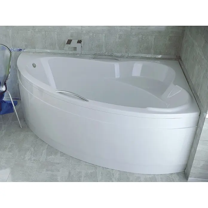 Bad Land Eckbadewanne ADA Acryl-Eckwanne 140 x 90 cm rechts Weiß - Sanitäracryl, Weiß - Weiße asymmetrische Eckbadewanne mit Chrom-Haltegriffen.