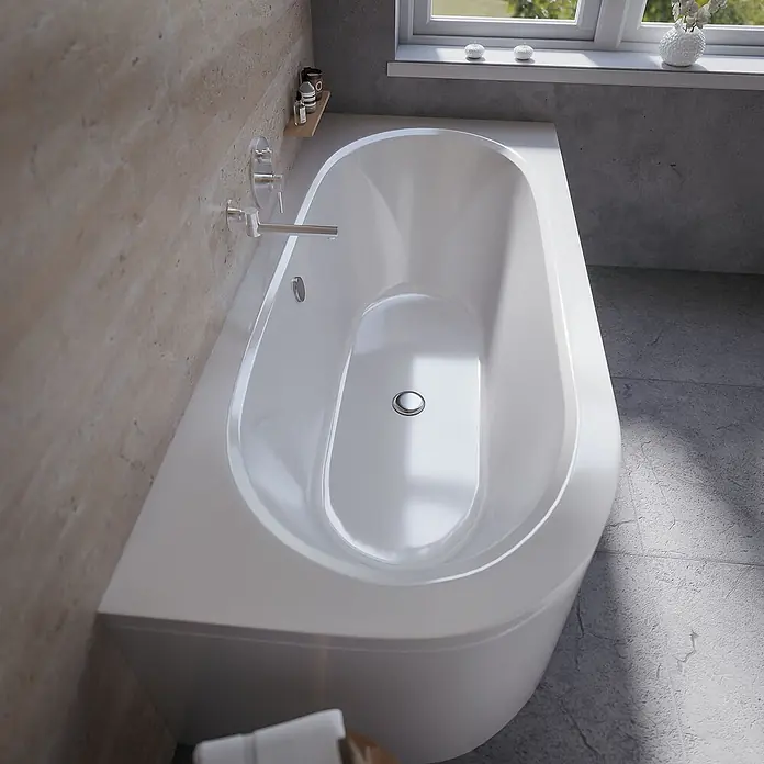 Bad Land Eckbadewanne AVITA Acryl-Eckwanne 150 x 75 cm rechts Weiß - Sanitäracryl, Weiß - Weiße moderne Badewanne mit elegantem Design, in eine geflieste Badezimmerwand integriert. Mit Chromarmatur und Abfluss.
