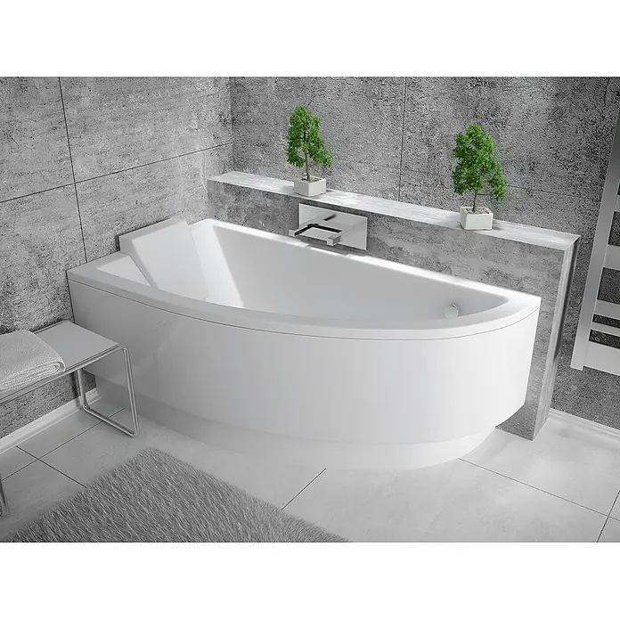 Bad Land Eckbadewanne PRAKTIKA Acryl-Eckwanne 140 x 70 cm links Weiß - Sanitäracryl, Weiß - Weiße, moderne Eckbadewanne mit integrierter Kopfstütze und Chromarmatur.
