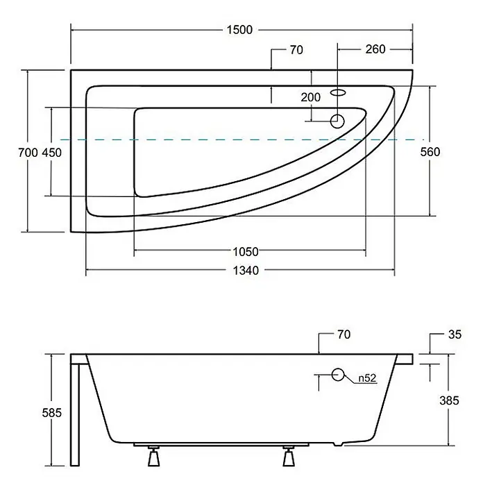 Bad Land Eckbadewanne PRAKTIKA Acryl-Eckwanne 150 x 70 cm links Weiß - Sanitäracryl, Weiß - Technische Zeichnung einer asymmetrischen weißen Badewanne mit detaillierten Maßen in Draufsicht und Seitenansicht.