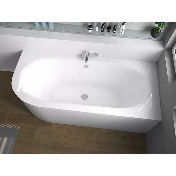 Bad Land Eckbadewanne AVITA Acryl-Eckwanne 170 x 75 cm rechts Weiß, inkl. Acrylschürze - Sanitäracryl, Weiß - Weiße Einbau-Badewanne mit ovalem Becken, integrierter Armatur und Abfluss, für ein modernes Badezimmer.
