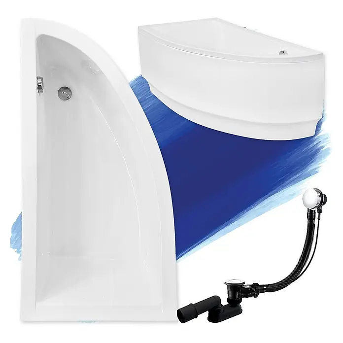 Bad Land Eckbadewanne - L x B: 140 x 70 cm, Sanitäracryl, Weiß - Weiße Eckbadewanne mit geschwungener Front und komplettem schwarzem Ab- und Überlaufset.