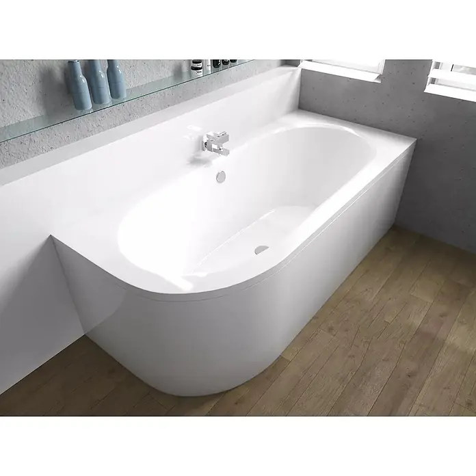 Bad Land Eckbadewanne AVITA Acryl-Eckwanne 170 x 75 cm rechts Weiß, inkl. Acrylschürze - Sanitäracryl, Weiß - Elegante weiße Badewanne in einem modernen Badezimmer mit hellem Holzboden.