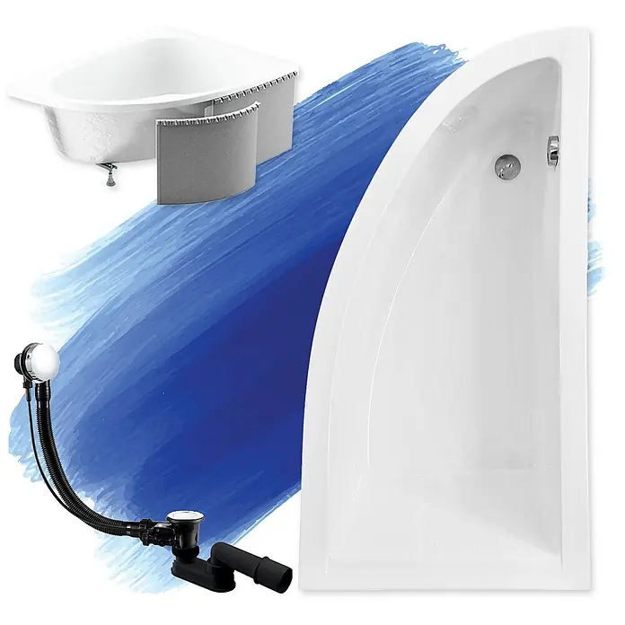 Bad Land Eckbadewanne - L x B: 150 x 70 cm, Sanitäracryl, Weiß - Weiße Eckbadewanne, weiße Viertelkreis-Duschwanne und schwarzes Badablauf-Set.