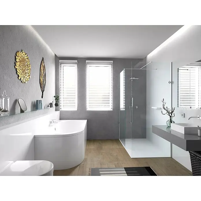 Bad Land Eckbadewanne AVITA Acryl-Eckwanne 170 x 75 cm rechts Weiß, inkl. Acrylschürze - Sanitäracryl, Weiß - Ein modernes, minimalistisches Badezimmer mit einer weißen freistehenden Badewanne, einer begehbaren Dusche und einem schwebenden grauen Waschtisch.