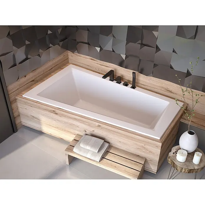 Bad Land Eckbadewanne INTIMA SLIM Acryl-Eckwanne 150 x 85 cm links Weiß - L x B: 150 x 85 cm, Sanitäracryl, Weiß - Weiße Einbauwanne mit mattschwarzen Armaturen, in heller Holzverkleidung in modernem Bad.