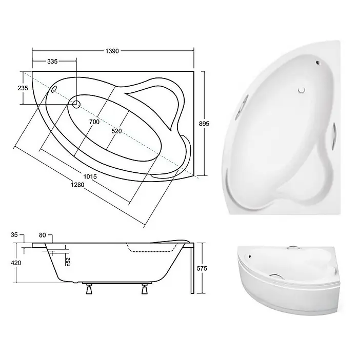Bad Land Eckbadewanne ADA Acryl-Eckwanne 140 x 90 cm rechts Weiß, inkl. Acrylschürze und Griffe - Sanitäracryl, Weiß - Weiße asymmetrische Eckbadewanne mit detaillierten Maßen in Draufsicht, Seitenansicht und Perspektive.