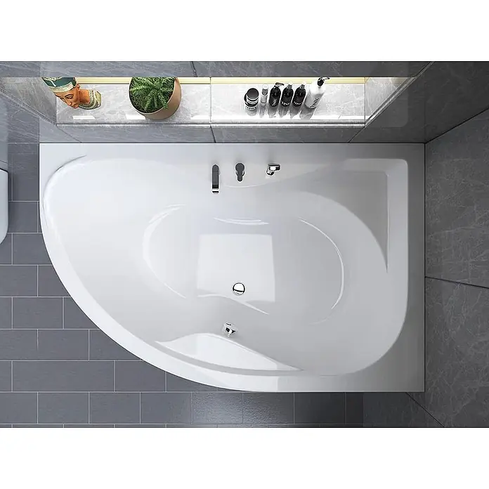 Bad Land Eckbadewanne - L x B: 170 x 110 cm, Sanitäracryl, Weiß - Weiße D-förmige Badewanne mit Chromarmaturen, von oben.