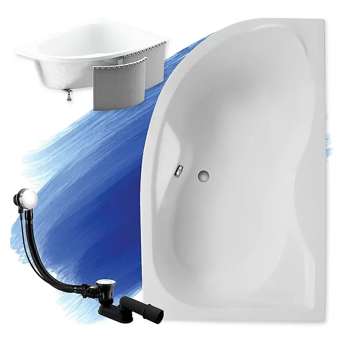 Bad Land Eckbadewanne - L x B: 170 x 110 cm, Sanitäracryl, Weiß - Weiße D-förmige Badewanne, eine Eckbadewanne mit verstellbaren Füßen und ein schwarzer flexibler Überlaufablauf.