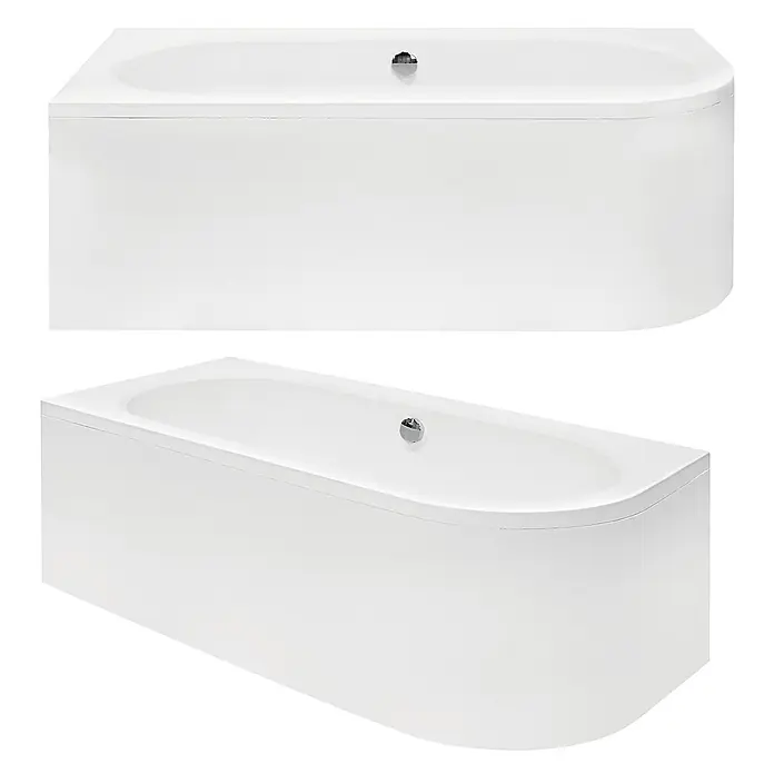 Bad Land Eckbadewanne - L x B: 150 x 75 cm, Sanitäracryl, Weiß - Weißer D-förmiger Badewanne mit integrierter Verkleidung und Chromüberlauf, aus zwei Winkeln gezeigt.