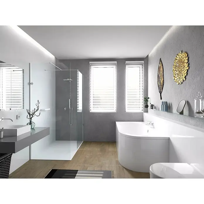 Bad Land Eckbadewanne AVITA Acryl-Eckwanne 180 x 80 cm links Weiß, inkl. Acrylschürze - Sanitäracryl, Weiß - Modernes Badezimmer mit weißer Badewanne, begehbarer Dusche, grauem Waschtisch und Holzfußboden.
