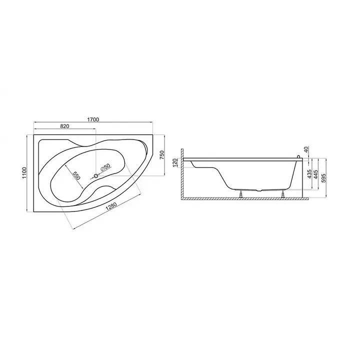 Bad Land Eckbadewanne DORA Acryl-Eckwanne 170 x 110 cm rechts Weiß - Sanitäracryl, Weiß - Technische Zeichnung einer asymmetrischen Eckbadewanne mit Maßen, Draufsicht und Seitenansicht.