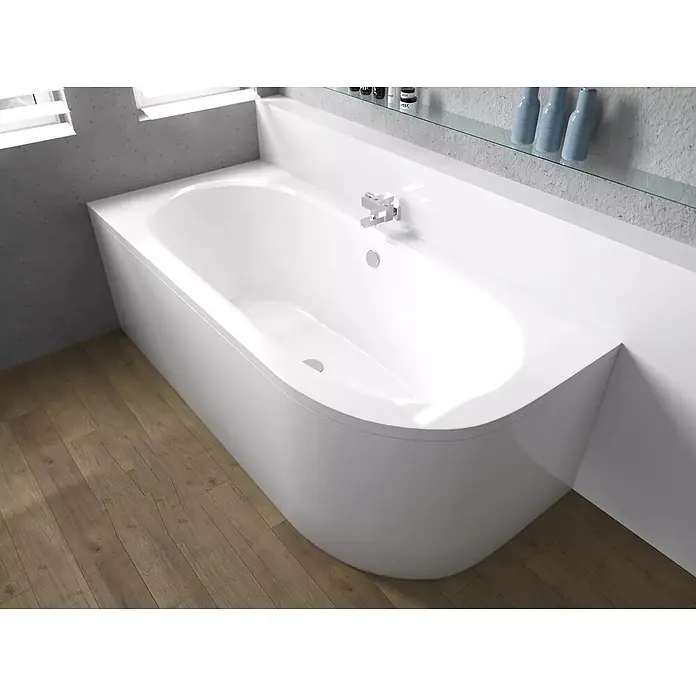 Bad Land Eckbadewanne AVITA Acryl-Eckwanne 180 x 80 cm links Weiß, inkl. Acrylschürze - Sanitäracryl, Weiß - Weiße moderne Eckbadewanne mit Chromarmatur, in eine Badezimmernische integriert.