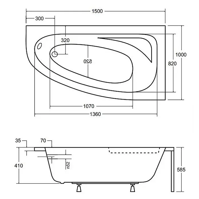 Bad Land Eckbadewanne CORNEA Acryl-Eckwanne 150 x 100 cm rechts Weiß - L x B: 150 x 100 cm, Sanitäracryl, Weiß - Technische Zeichnung einer asymmetrischen Badewanne mit detaillierten Ober- und Seitenmaßen.