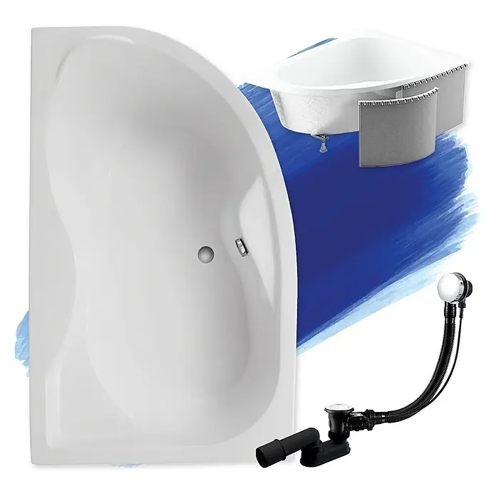 Bad Land Eckbadewanne - L x B: 170 x 110 cm, Sanitäracryl, Weiß - Weiße asymmetrische Eckbadewanne mit geformtem Innenraum, zusammen mit einem schwarzen Abfluss- und Chrom-Überlaufsystem.