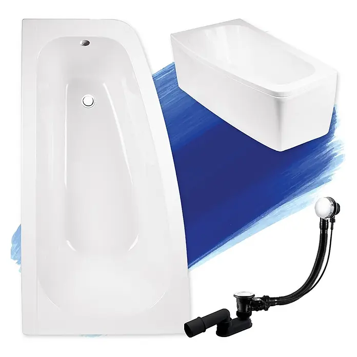 Bad Land Eckbadewanne - L x B: 150 x 80 cm, Sanitäracryl, Weiß - Zwei weiße Badewannen, eine Eckwanne und eine rechteckige, mit einem schwarzen und verchromten Badablaufset.